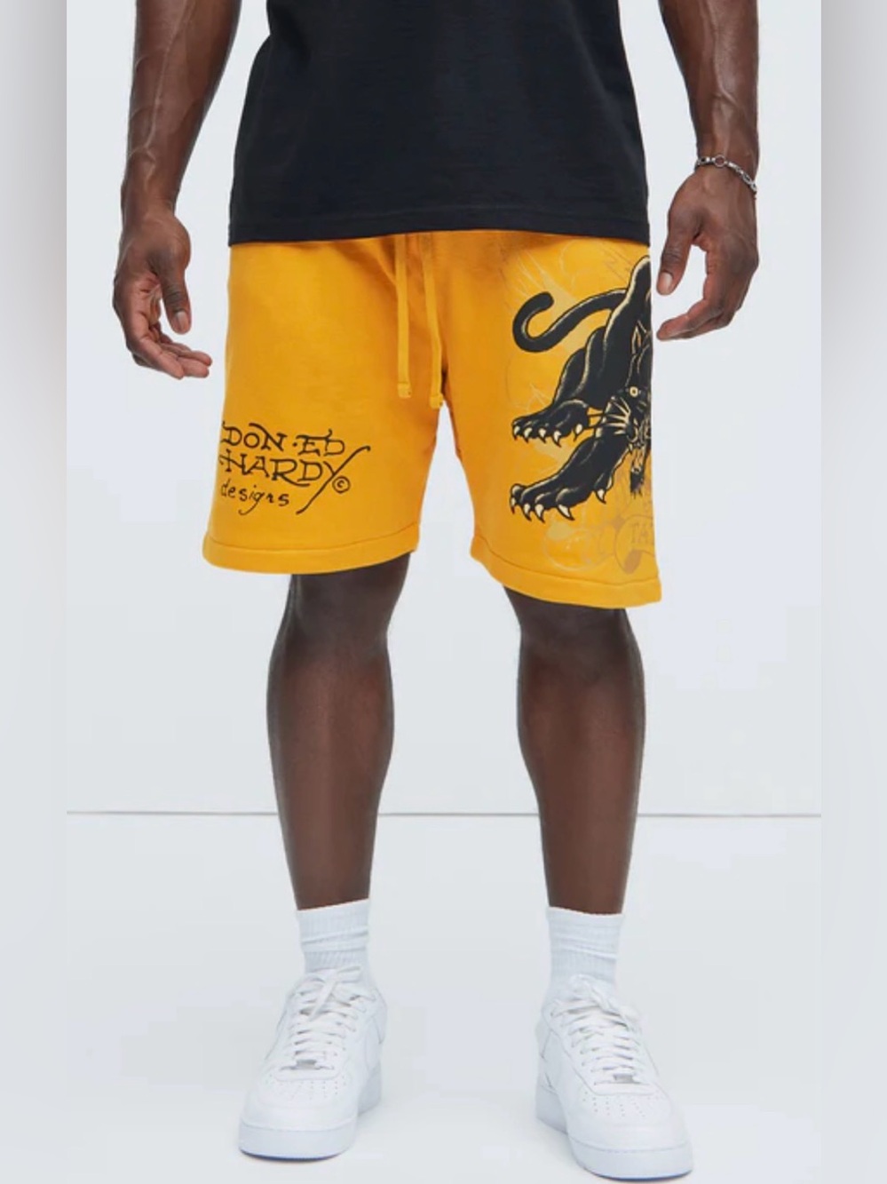 Ed Hardy Crouching Panther Tattoo Yellow Fleece Sweat Shorts Logo Men’s NWT